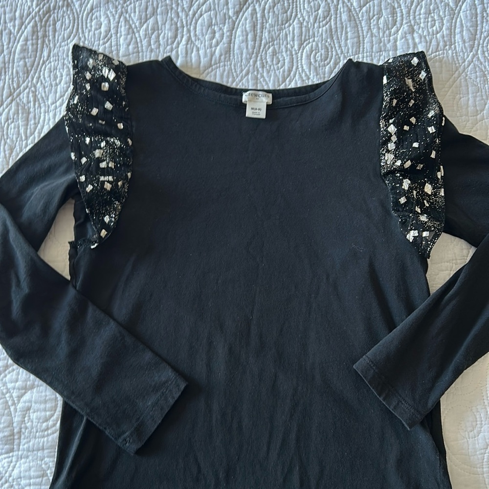 J Crew Crewcuts Longsleeve Top Medium Jersey Black Silver Ruffle Shoulder